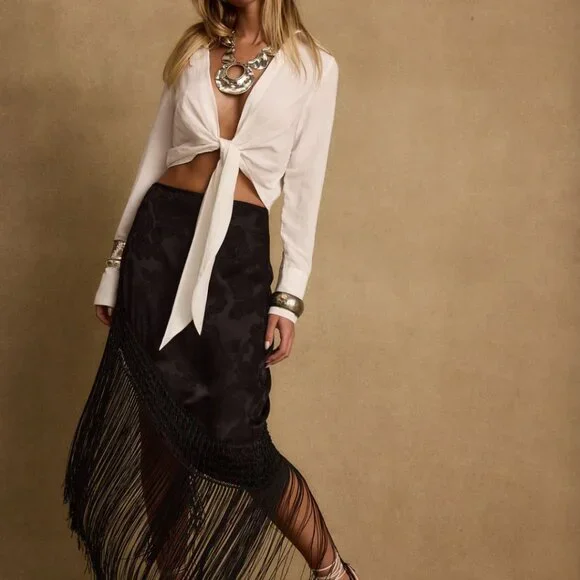 Twelfth Tribe Frankie Black Satin Jacquard Fringe Midi Skirt - Picture 7 of 10